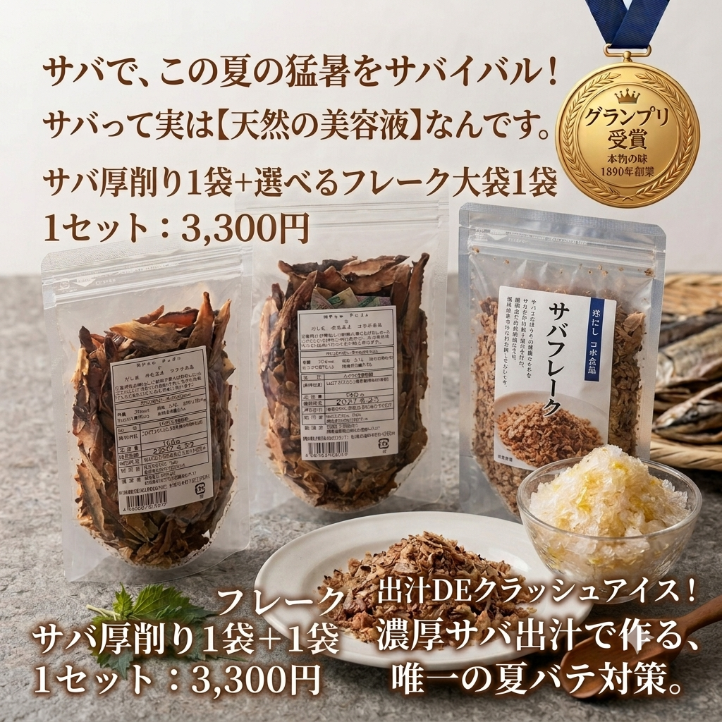【天然の美容液】サバ厚削り１００ｇ＋サバフレーク２００ｇセット